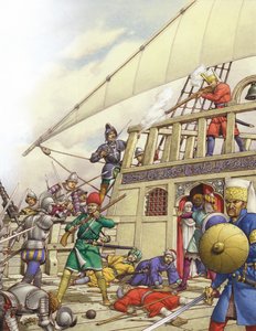 I Cavalieri di San Giovanni si impadroniscono del più bel galeone turco, la Sultana (gouache su carta)
