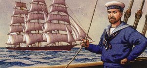 Marinaio ben vestito e veliero square-rigger (gouache su carta)
