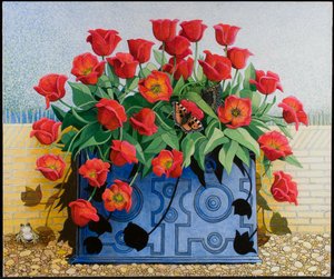 Getting There, 2011 (acrilico su calico) fiori; tulipani; natura morta; finestra; rospo; rana; farfalle; da Pat Scott