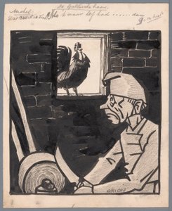Uomo affila un coltello mentre il gallo francese canta da Patricq Kroon (signed by artist)