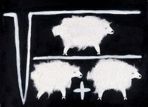 Clonazione: Un simbolo matematico che rappresenta le operazioni di radice quadrata, divisione e addizione con pecore usate come cavie. Collage di cotone bianco su sfondo nero.