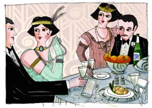 Illustrazione che raffigura una cena mondana in "Il grande Gatsby" dello scrittore americano Francis Scott Fitzgerald (1896-1940) Disegno di Patrizia Laporta da Patrizia La Porta