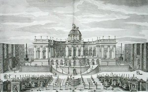 La Grande Grotta e il Giardino della Fontana al Palazzo del Piacere Principe e Giardini, Berlino, inciso da Johann August Corvinus, pubblicato c.1711-16 da Paul Decker