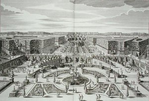 La Grande Cascata del Palazzo del Piacere Principe e Giardini, Berlino, inciso da Karl Remshard, pubblicato c.1711-16