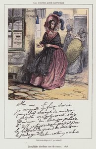 Donna che va a imbucare una lettera, cartone animato francese da Paul (after) Gavarni
