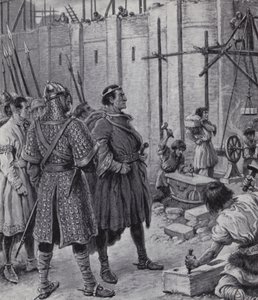Guglielmo il Conquistatore supervisiona la costruzione della Torre di Londra (litografia) da Paul (after) Hardy