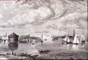 Porto di New York negli anni 1860 (incisione) da Paul (after) Huet