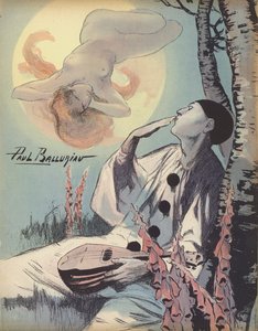 Pierrot che soffia un bacio verso una visione di una donna nuda