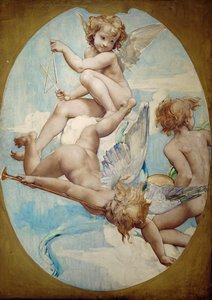 I pannelli ovali del Grand Foyer mostrano putti con strumenti musicali: tromba, triangolo e cimbali ... da Paul Baudry