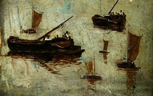 Due chiatte e quattro piccole barche a vela sull