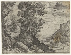 Paesaggio montano con eremita in preghiera da Paul Bril