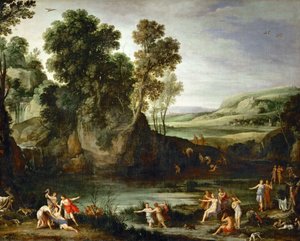 Francese:  Diane découvrant la grossesse de Callisto Paesaggio con Diana che scopre la gravidanza di Callisto da Paul Bril