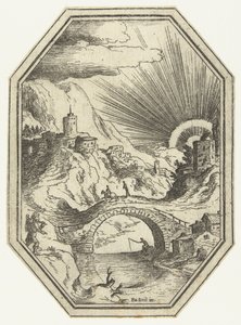 Paesaggio con ponte di pietra in cornice ottagonale