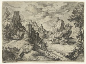 Costa rocciosa in Campania con città e viaggiatori da Paul Bril