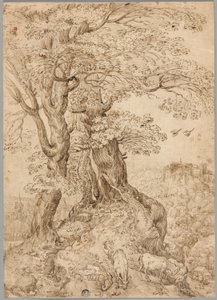 Paesaggio boscoso con asini e capre, e castello su una collina in lontananza da Paul Bril