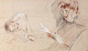 Madame Helleu che legge con Paulette sul divano da Paul Cesar Helleu