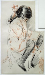 Paulette che legge seduta sul suo cane giocattolo da Paul Cesar Helleu