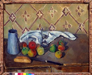 Frutta, tovagliolo, pane e scatola di latte da Paul Cézanne