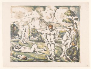 Uomini che fanno il bagno in un paesaggio collinare (I grandi bagnanti, Bagnanti a riposo) da Paul Cézanne