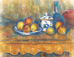 Natura morta con bottiglia blu, zuccheriera e mele, 1900-1902 da Paul Cézanne