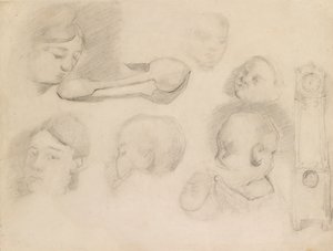 Studi di una testa di bambino, una testa di donna, un cucchiaio e un orologio a pendolo, c1872 da Paul Cézanne