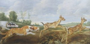 Scena di caccia: cani che inseguono due fauni