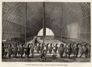Mounza, re dei Mombouttous (Zaire), che danza davanti al suo serraglio, composto da 80 donne, incisione dopo il disegno di P.Philippoteaux, illustrando un viaggio nel cuore dell
