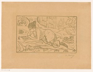 Donna che legge sdraiata sul letto da  (signed by artist) Paul Élie Ranson