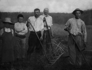Ritratto di lavoratori agricoli, adulti e bambini, della regione di Chaumont durante la fienagione