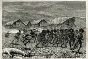 Discesa dei guerrieri Papus Arfaks a Dorey (Nuova Guinea Occidentale), incisione di E.Mesples, per illustrare il viaggio in Nuova Guinea di Achille Raffray, incaricato di una missione scientifica dal Ministero dell