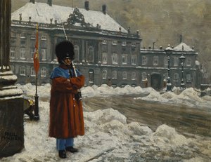 Una guardia reale in servizio fuori dal Palazzo Reale Amalienborg, Copenaghen da Paul Fischer