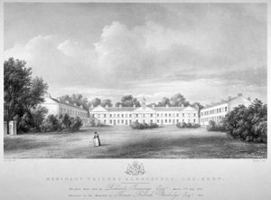 Veduta delle case di riposo dei Merchant Taylors su Lee High Road, Lewisham, Londra, 1826 da Paul Gauci