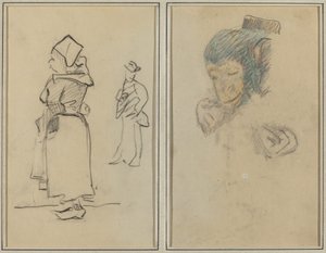 Una donna bretone e un uomo in piedi; Testa e mano di una scimmia da Paul Gauguin