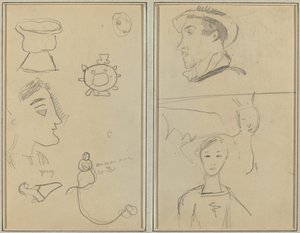 Una caricatura e cinque forme; Un uomo di profilo, una creatura alata e un ragazzo [verso] da Paul Gauguin