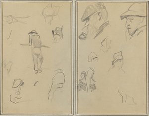 Un uomo appoggiato a un muro con altri cinque studi; Due uomini barbuti con cappelli e altri cinque studi da Paul Gauguin