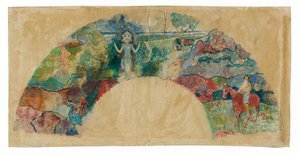 Progetto per un ventaglio con un paesaggio e una statua della dea Hina da Paul Gauguin