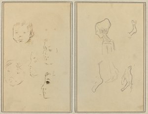 Cinque studi di teste; Un ragazzo di profilo con studi di mani e piedi [verso]