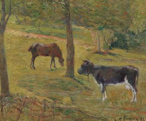 Francese: Vache et cheval dans un pré Mucca e cavallo in un prato da Paul Gauguin