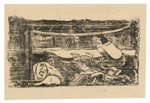 Interno di una Capanna Tahitiana, dalla Suite di Stampe a Blocchi di Legno Tardive da Paul Gauguin