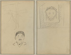 Paesaggio e testa di uomo; testa di scimmia dentro un quadrato (recto) da Paul Gauguin