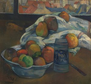 Ciotola di frutta e brocca davanti a una finestra. Circa 1890 da Paul Gauguin