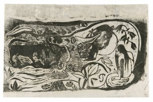 Piatto con la testa di un diavolo cornuto, dalla Suite di stampe a blocchi di legno tardive da Paul Gauguin