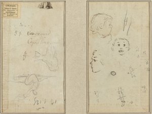 Figura seduta e una mucca; tre studi della testa di un bambino da Paul Gauguin