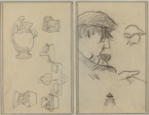 Studi di brocche e vasi; Un uomo con i baffi e un ragazzo con un cappello [recto]