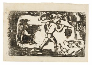 Tahitiano che porta banane, dalla Suite delle ultime stampe su legno da Paul Gauguin