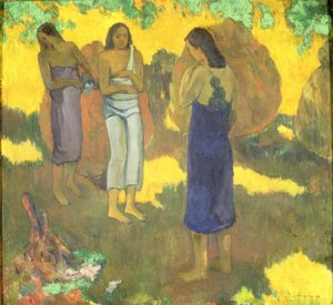 Tre donne tahitiane su sfondo giallo