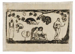 Donne, animali e fogliame, dalla suite di stampe su blocchi di legno di epoca tarda da Paul Gauguin