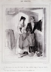 2 donne povere in conversazione sulle scale riguardo agli uomini, "Les Lorettes", Gavarni, c. 1840