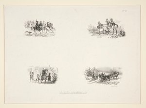 Quattro soggetti: Una cavalcata; Quattro bambini; Una contadina che porta un bambino piccolo; Viaggiatori da Paul Gavarni