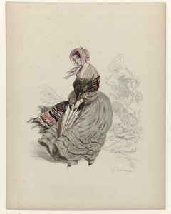 Donna che cammina nel vento con un parasole, 1840 da Paul Gavarni